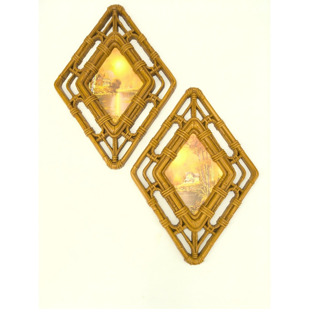 Homco Wall Plaques Brown Vintage 1983 Faux Bamboo Diamond Cottage Set of 2 325 3